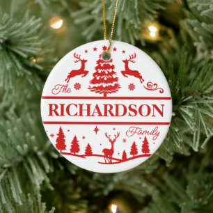 Red Christmas Family Name   Monogram   Custom Name Ceramic Ornament