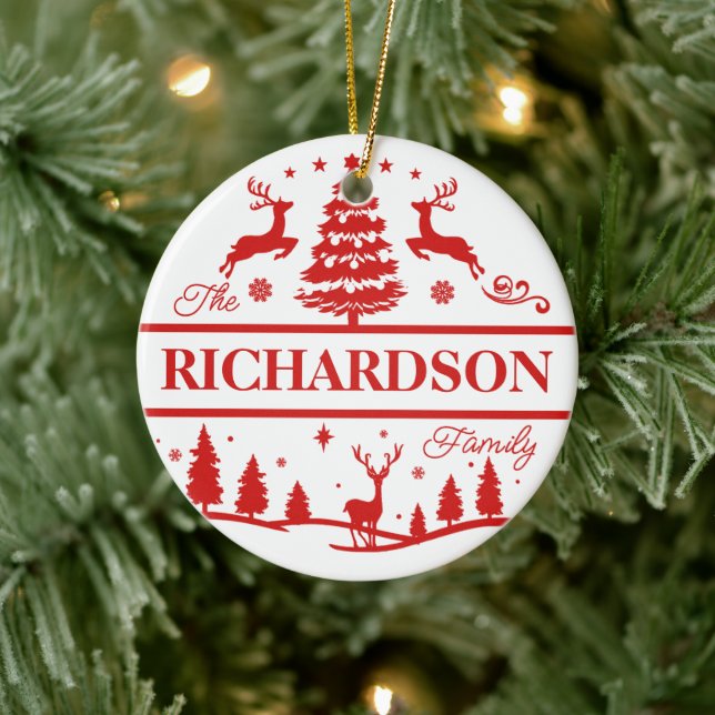 Red Christmas Family Name | Monogram | Custom Name Ceramic Ornament (Tree)
