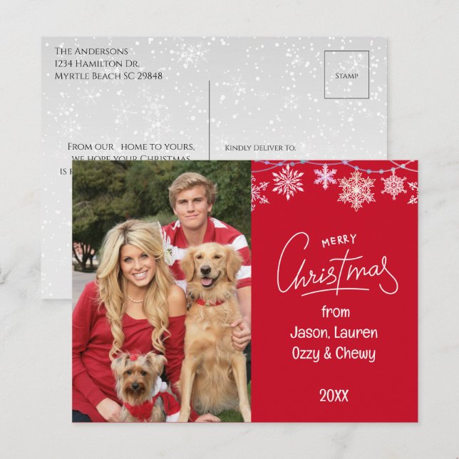 Red Christmas Family Photo Pets Message Holiday Postcard (Front/Back)