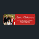 Red Christmas Family  Photo Return Address Labels<br><div class="desc">Holiday red background perfectly frames your favourite family photo. White lettering wishes your friends and family Merry Christmas. Very easy to insert your own photo and customize the text.</div>