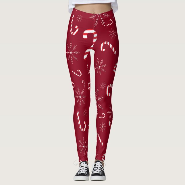 Red Christmas Festive Candy Cane Snowflakes Cute Leggings (Front)