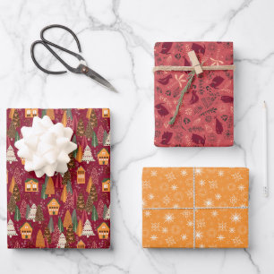 Red Christmas Festive Village Birds and Snowflakes Wrapping Paper Sheet