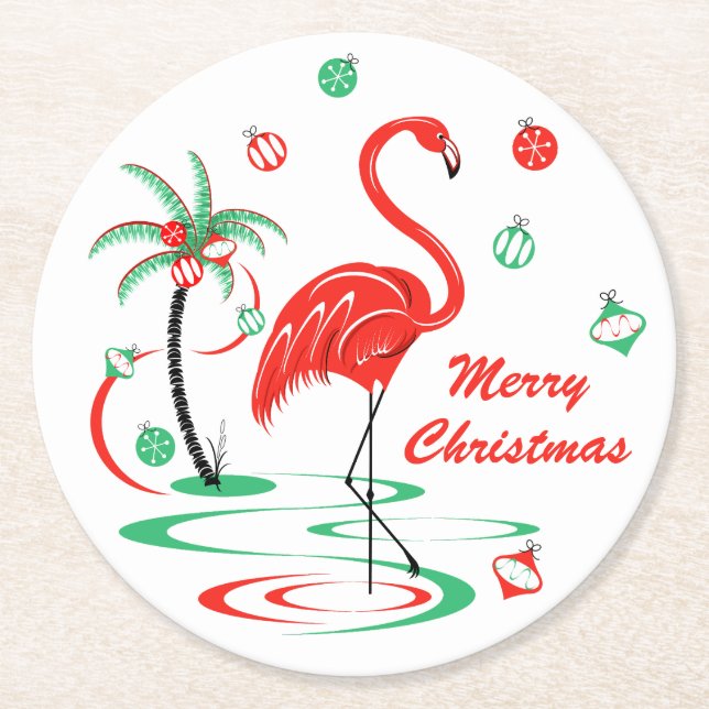 Red Christmas Flamingo Baubles Christmas round Round Paper Coaster (Front)