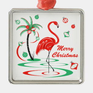Red Christmas Flamingo Baubles Christmas square Metal Ornament