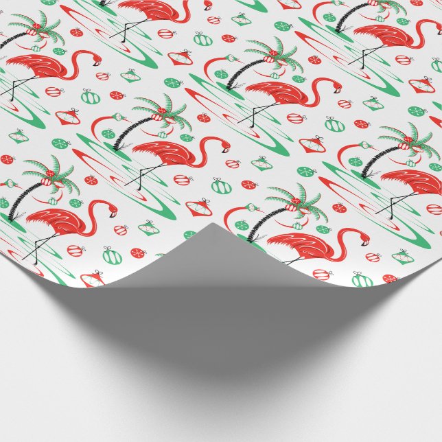 Red Christmas Flamingo Baubles gift wrap (Corner)