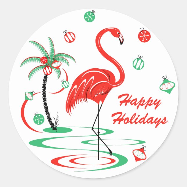 Red Christmas Flamingo Baubles Holidays round Classic Round Sticker (Front)