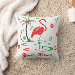 Red Christmas Flamingo Baubles Name square Throw Pillow