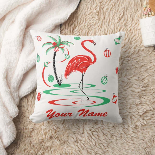 Red Christmas Flamingo Baubles Name square Throw Pillow (Blanket)