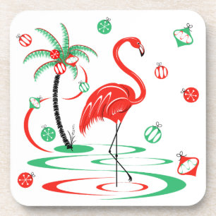 Red Christmas Flamingo Baubles plastic Coaster