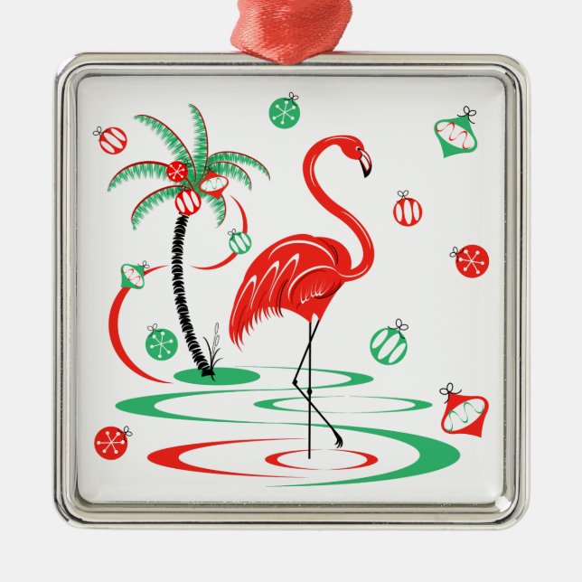 Red Christmas Flamingo Baubles square Metal Ornament (Front)