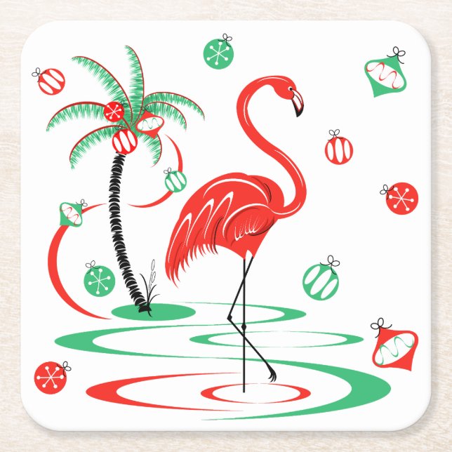 Red Christmas Flamingo Baubles square Square Paper Coaster (Front)