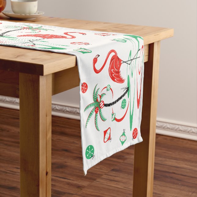 Red Christmas Flamingo Baubles table runner (In Situ)