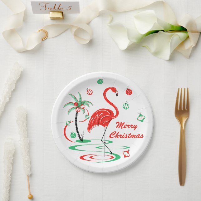 Red Christmas Flamingo Christmas paper plate (Wedding)
