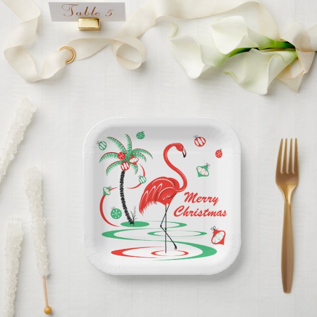 Red Christmas Flamingo Christmas square Paper Plate (Wedding)