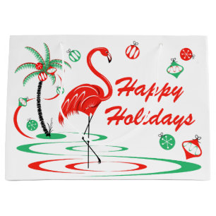 Red Christmas Flamingo Happy Holidays large Gift Bag