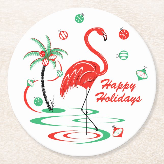 Red Christmas Flamingo Happy Holidays paper round Round Paper Coaster (Front)