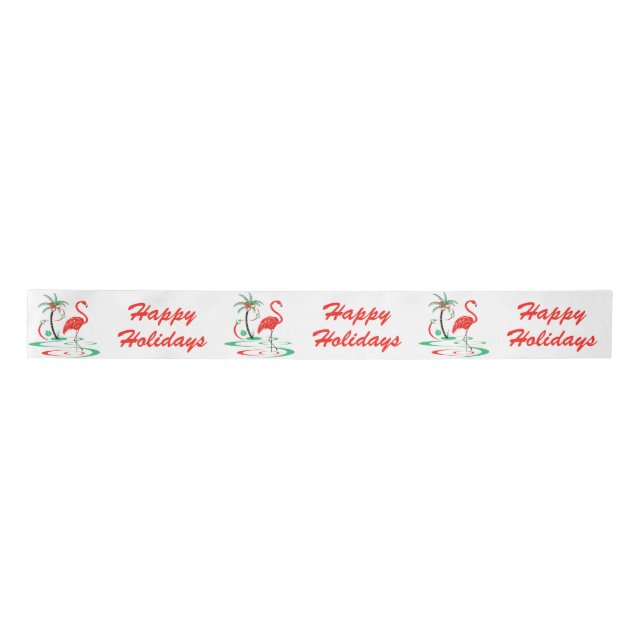 Red Christmas Flamingo Happy Holidays ribbon Satin Ribbon (Front)