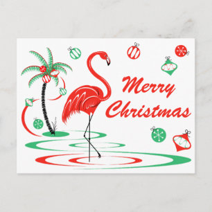Red Christmas Flamingo Merry Christmas landscape Postcard