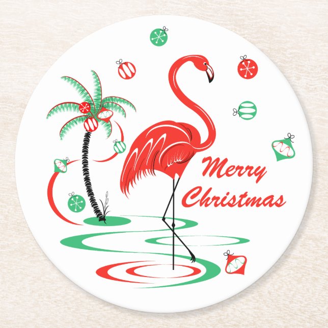Red Christmas Flamingo Merry Christmas round Paper Coaster (Front)