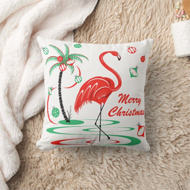 Red Christmas Flamingo Merry Christmas square Throw Pillow (Blanket)