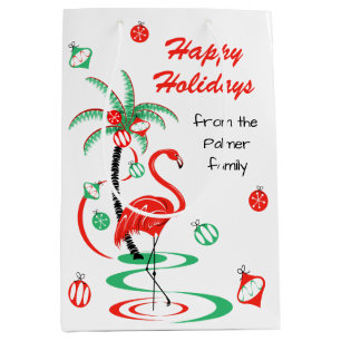 Red Christmas Flamingo Merry Happy Holidays Text Medium Gift Bag