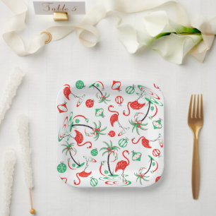 Red Christmas Flamingo Multi square Paper Plate
