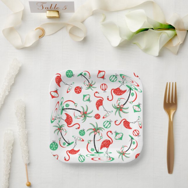 Red Christmas Flamingo Multi square Paper Plate (Wedding)