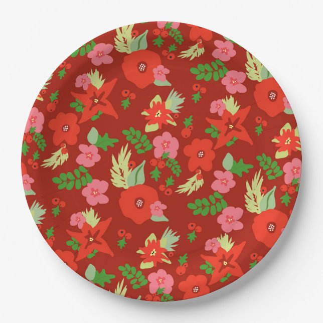 Red Christmas Flora Paper Plates (Front)