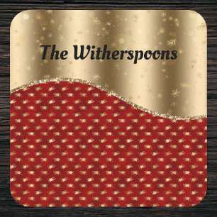 Red Christmas Floral with Gold Ribbon and Name Square Paper Coaster