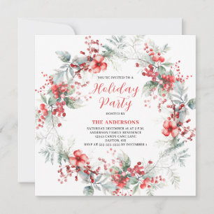 Red Christmas Floral Wreath Party Invitation