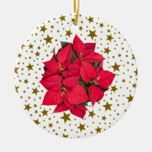 Red Christmas flower and sparkly gold stars Ceramic Ornament