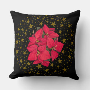 Red Christmas flower and sparkly gold stars Throw Pillow