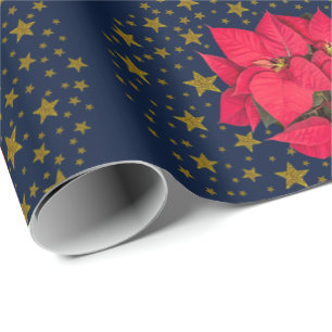 Red Christmas flower and sparkly gold stars Wrapping Paper
