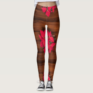 Red Christmas flower on brown Leggings