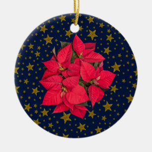 Red Christmas flower, sparkly gold stars on blue Ceramic Ornament