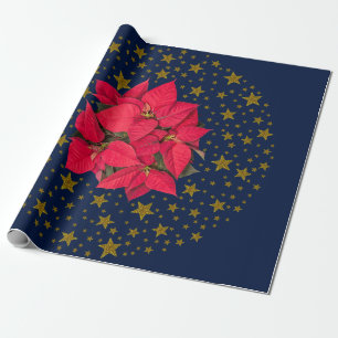 Red Christmas flower, sparkly gold stars on blue Wrapping Paper