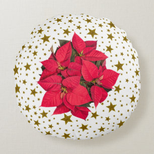 Red Christmas flower, sparkly gold stars Round Pillow