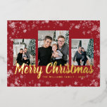 Red Christmas Foil Holiday Card<br><div class="desc">Red Christmas Foil Holiday Card. This elegant Merry Christmas postcard features a festive frame overlay of white snowflakes with real gold foil on a red background with a photo collage of 3 images. The back includes a 4th photo and additional text for personalizing. Find matching items in the Christmas Holiday...</div>