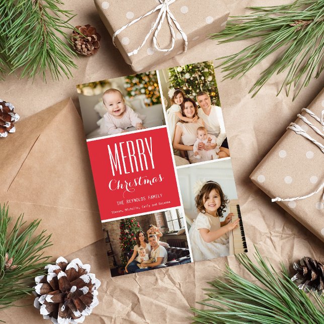 Red Christmas Four Photo Collage Holiday Card (Creator Uploaded)