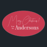 Red Christmas from Family Name Oval Sticker<br><div class="desc">Red Christmas design. Personalized with your family name. - Merry Christmas design in festive red and white with the message, "Merry Christmas! from the Johnsons". - Modern and stylish typography text templates ready for you to edit. - Ideal for your Christmas gift wrap, mailing accessories. envelope seals, and party favour...</div>