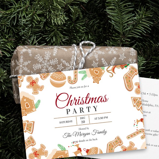 Red Christmas Gingerbread Holiday Party Invitation (Red and White Christmas Gingerbread Holiday Party Invitation)