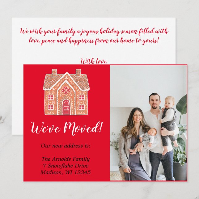Red Christmas Gingerbread Home Photo Moving Holiday Card (Front/Back)