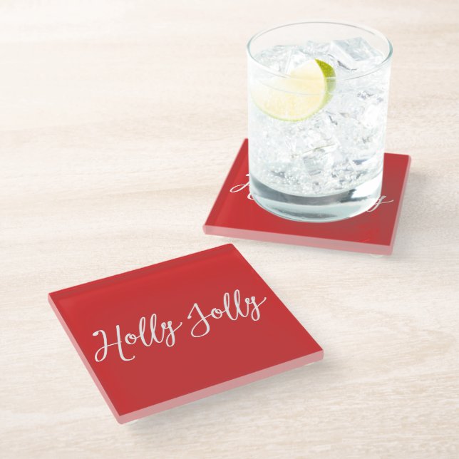 Red Christmas Glass Coasters Holly Jolly (Angled)