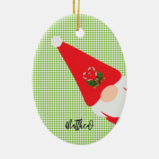 red christmas gnome pattern name green chequered f ceramic ornament (Back)
