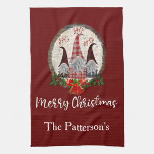 Red Christmas Gnomes Trendy Elves  Kitchen Towel
