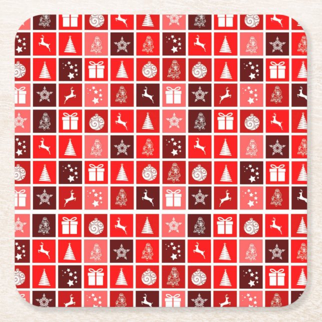 Red Christmas Holiday Cute Tree Reindeer  Square Paper Coaster (Front)