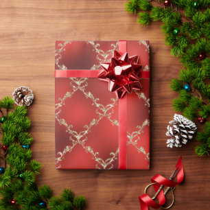 Red Christmas Holiday Gold Glitter Damask Gift Wrapping Paper