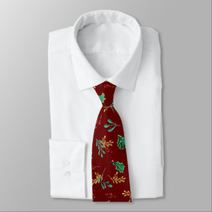 Red Christmas Holly Berry Foliage Gold Greenery Tie