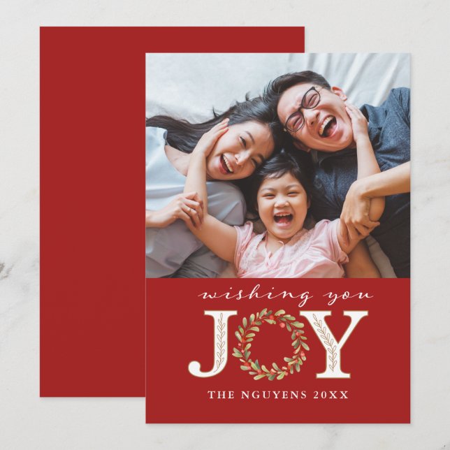 Red Christmas Joy Watercolor Wreath Photo Card (Front/Back)