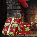 Red Christmas Kids Dinosaur Cute Personalized  Wrapping Paper<br><div class="desc">Awesome green dinosaur Christmas wrapping paper. This apatosaurus looks very cute in a holiday red Santa hat with a little smile. I like prehistoric Christmas animals and presents that kids will love. Customize this gift with the recipient's name to make it even more personalized.</div>